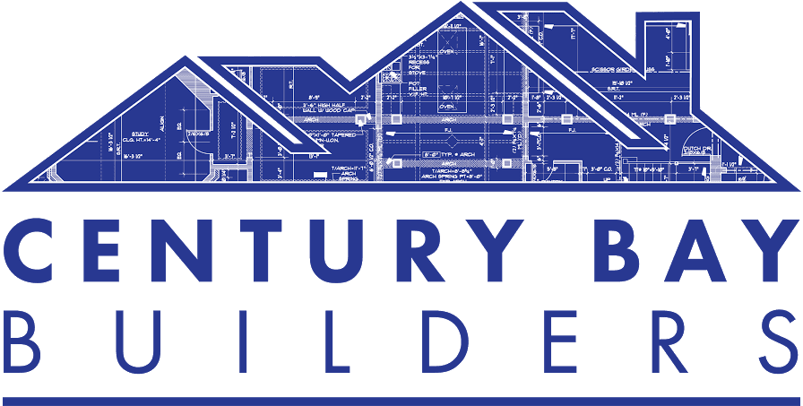 The logo for century bay builders shows a blueprint of a house.